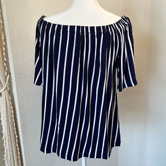 cable & guage Vertical Striped Off the Shoulder Flutter Sleeve Top ~ Size Medium - Picture 4 of 7